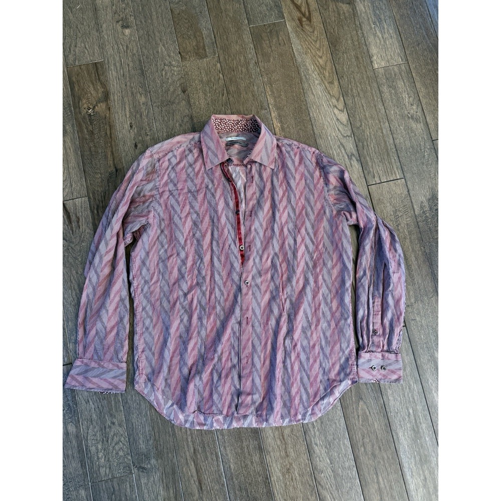 Johnston & Murphy Button Down Mens M Red Striped Tailored Fit Long Sleeve Cotton
